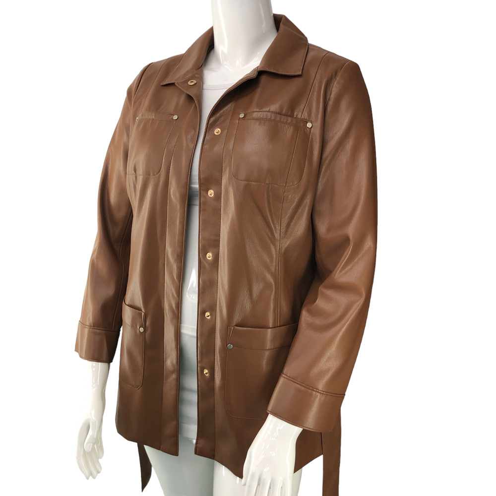 Chicos Womens Sz 1 US 8 M Vegan Leather Utility Jacket Camel Mid Length Belt NEW